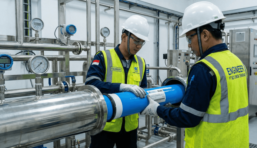 Teknisi profesional melakukan jasa penggantian membran RO industri ukuran 8040 pada pressure vessel.