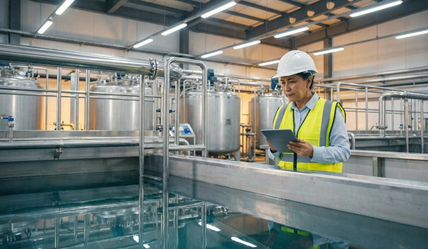 Insinyur sedang memeriksa kualitas air hasil jasa instalasi pengolahan air limbah (IPAL) industri yang jernih dan sesuai baku mutu KLHK. (Tujuan: Mengandung Focus Keyphrase "Jasa instalasi pengolahan air limbah" dan konteks visual)