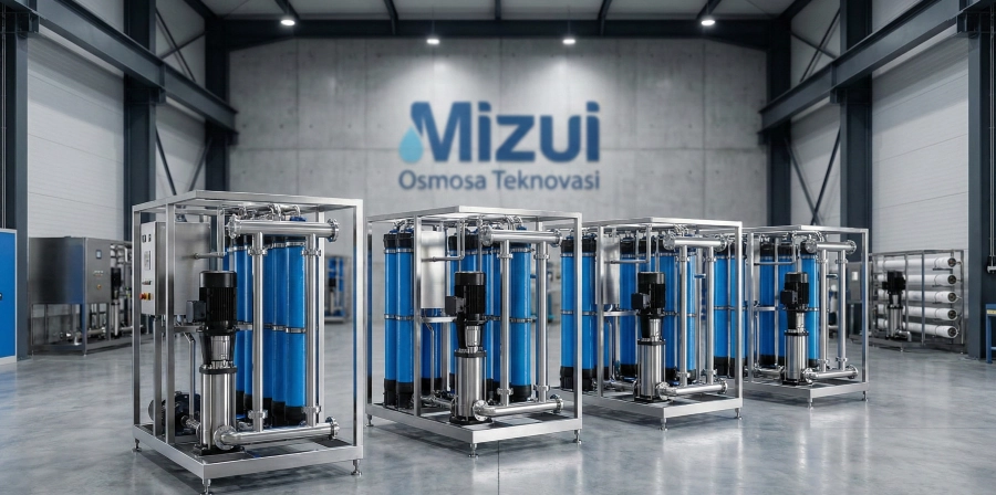 Gudang supplier mesin RO industri PT Mizui Osmosa menampilkan deretan mesin reverse osmosis stainless steel kapasitas besar