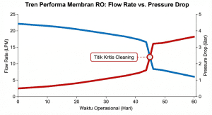 Grafik hubungan kenaikan differential pressure dan penurunan flow rate air RO.