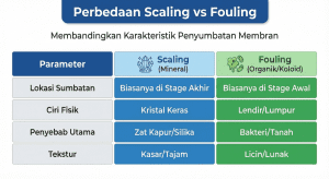 Tabel perbandingan perbedaan scaling mineral dan fouling organik pada membran RO.