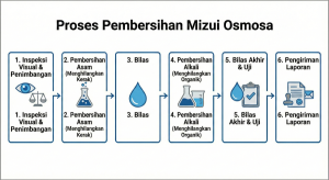Diagram alur proses jasa cuci membran RO industri bertahap.