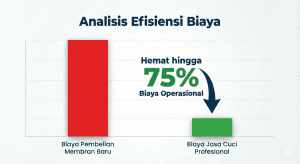 Grafik perbandingan biaya beli membran baru vs jasa cuci membran.