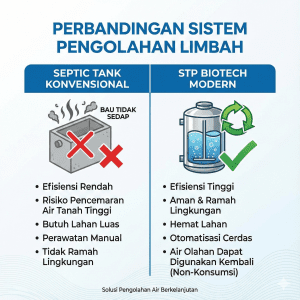 Tabel perbandingan septic tank konvensional vs STP Biotech modern.