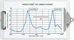 Grafik fluktuasi debit limbah apartemen saat peak hour pagi dan sore