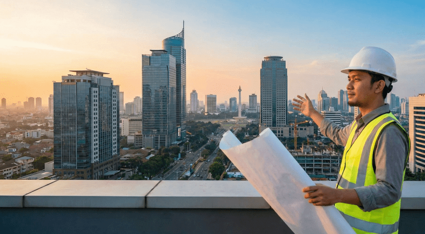 Kontraktor STP Jakarta profesional mengawasi proyek di gedung bertingkat