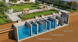 Ilustrasi desain IPAL underground di bawah taman rumah sakit yang asri dan tidak berbau.