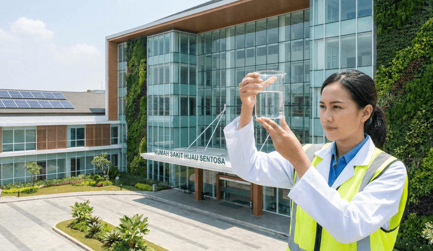 Jasa IPAL rumah sakit dan klinik profesional oleh insinyur sanitasi PT Mizui Osmosa sedang memeriksa kualitas air.