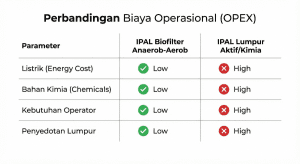 Tabel perbandingan biaya operasional IPAL Biofilter vs IPAL Konvensional