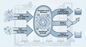 Skema diagram proses biologi aerob di mana bakteri menguraikan limbah organik menggunakan oksigen.