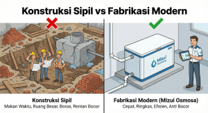 Infografis perbandingan antara konstruksi IPAL beton yang kotor dan memakan waktu versus IPAL portable Mizui Osmosa yang rapi, cepat instalasi, dan hemat biaya sipil.