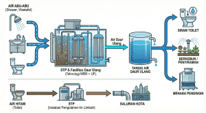 Infografis skema sistem daur ulang air limbah (water recycling) di gedung untuk penggunaan kembali pada flushing toilet dan penyiraman tanaman.