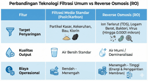 Tabel perbandingan teknis antara teknologi filtrasi media standar dengan teknologi reverse osmosis (RO) untuk aplikasi industri.