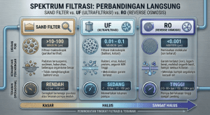 Tabel perbandingan spesifikasi Sand Filter vs Ultrafiltrasi vs Reverse Osmosis.
