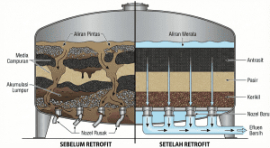 Ilustrasi perbandingan kondisi media filter sebelum dan sesudah retrofit.