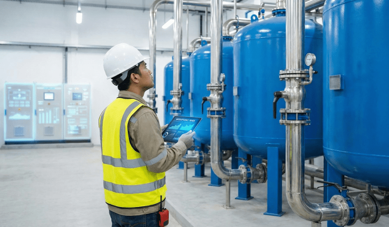 Teknisi PT Mizui Osmosa Teknovisa sedang melakukan inspeksi untuk jasa retrofit sistem water treatment lama di pabrik industri.