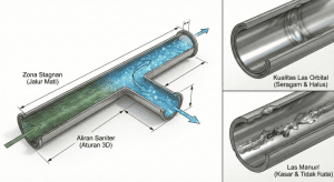 Ilustrasi teknis 3D menunjukkan area dead-leg pada percabangan pipa dan kualitas sambungan orbital welding yang mulus.