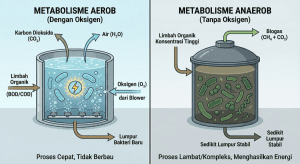 Diagram perbedaan metabolisme bakteri aerob dan anaerob dalam pengolahan limbah cair.