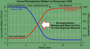 Grafik perbandingan kecepatan pertumbuhan bakteri dengan dan tanpa bio-augmentasi.