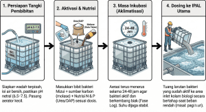 Flowchart langkah-langkah seeding dan aklimatisasi bakteri IPAL yang benar.