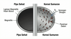 Perbedaan pipa boiler sehat dengan pipa yang terkena korosi pitting akibat oksigen terlarut.