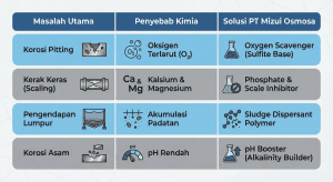 Tabel fungsi bahan kimia boiler mengatasi masalah korosi, kerak, dan pH.