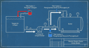 Skema titik injeksi chemical dosing pada sistem boiler industri.