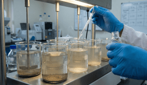 Teknisi melakukan jar test untuk menentukan dosis kimia water treatment.