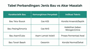 Tabel diagnosa jenis bau limbah dan penyebab teknisnya.