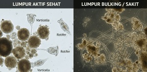 Perbandingan mikroskopik lumpur aktif sehat vs sludge bulking pada activated sludge.