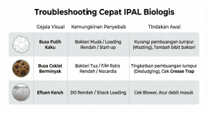 Tabel panduan troubleshooting masalah umum pada IPAL.