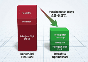 Grafik perbandingan biaya investasi pembangunan WWTP baru vs retrofit IPAL.