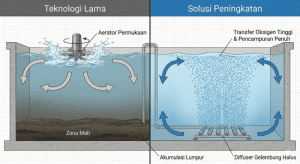Diagram teknis perbandingan aerator permukaan vs fine bubble diffuser dalam upgrade sistem limbah existing.