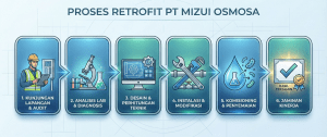 Flowchart tahapan jasa optimalisasi dan retrofit IPAL oleh PT Mizui Osmosa.