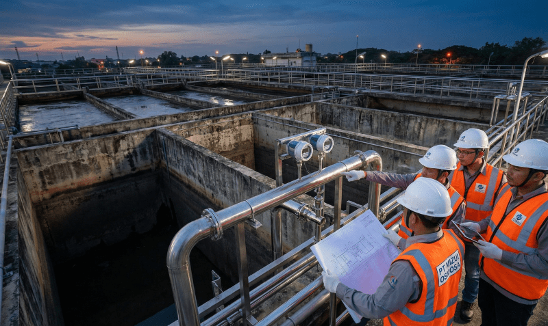 Tim engineer melakukan jasa optimalisasi dan retrofit IPAL pada fasilitas industri kimia.