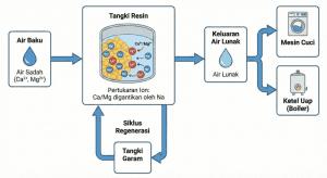 Flowchart cara kerja sistem water softener dan fungsi garam regenerasi.