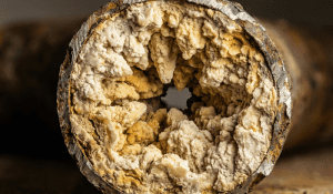 Pipa boiler tersumbat kerak kapur tebal akibat tidak menggunakan water softener.