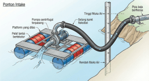 Ilustrasi sistem intake ponton pompa air di sungai perkebunan.