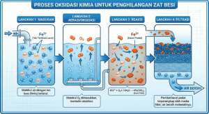 Diagram reaksi kimia oksidasi besi dalam sistem filter air industri.