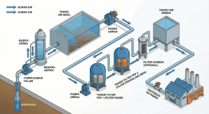 Skema diagram alur instalasi filter air industri lengkap dengan aerasi dan filtrasi bertingkat.