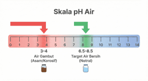 Diagram skala pH air gambut vs air bersih standar permenkes.