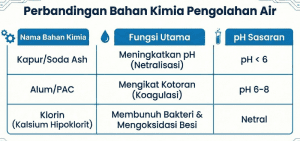 Tabel fungsi bahan kimia untuk pengolahan air gambut.