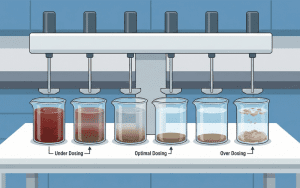 Proses jar test untuk menentukan dosis kimia air gambut.