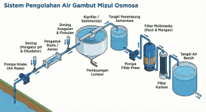 Diagram alir proses pengolahan air gambut menjadi air bersih oleh PT Mizui Osmosa Teknovasi.