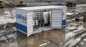 Ilustrasi unit WTP Containerized Mizui Osmosa yang mobile di lokasi tambang terpencil.