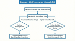 Diagram alur troubleshooting sistem reverse osmosis dan diagnosa fouling.