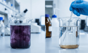 Hasil penjernihan limbah tekstil menggunakan chemical decolorizing agent.