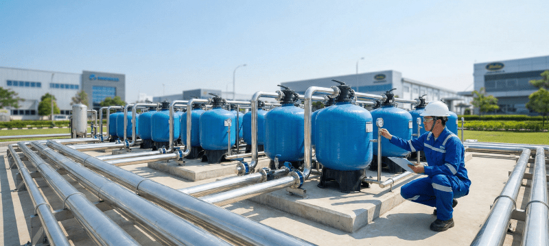 Insinyur PT Mizui Osmosa Teknovisa memeriksa sistem Jasa WTP kawasan industri Jababeka.