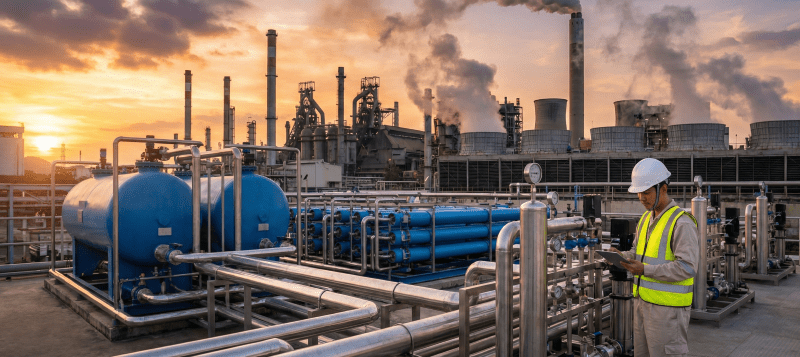 Kontraktor water treatment Cilegon melakukan inspeksi sistem SWRO di pabrik baja industri berat.