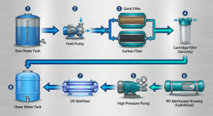 Diagram alur proses pengolahan air payau jadi tawar menggunakan teknologi RO.